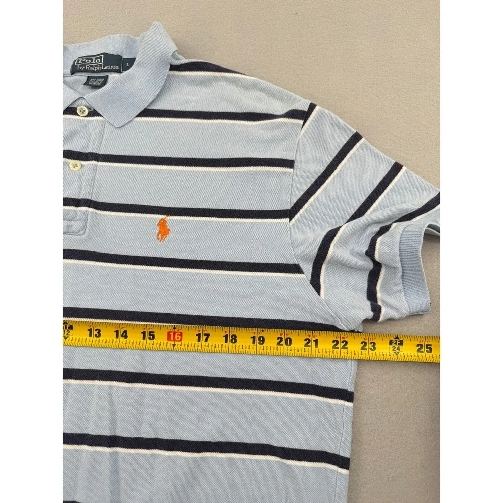 Polo Ralph Lauren Short Sleeve Pique Polo Shirt Mens‎ L Blue Striped Orange Pony